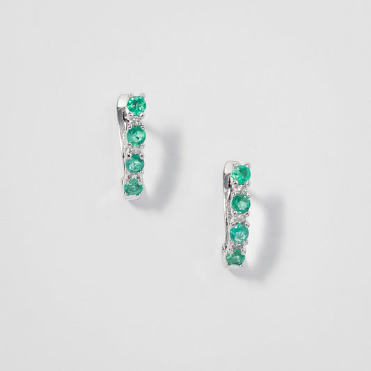 Emerald and Diamond Claw-Set J-Hoop Earrings in 10/14K White Gold