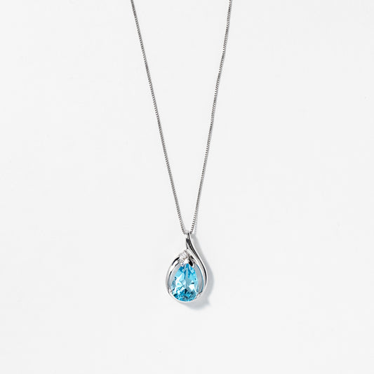 Diamond and Blue Topaz Pendant in 10K White Gold