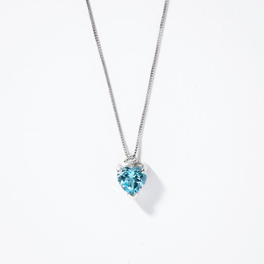 Heart Shaped Blue Topaz Necklace with Diamond Accent in 10K White Gold