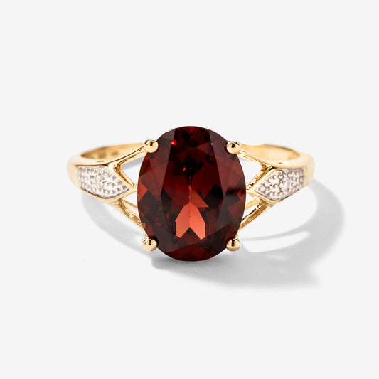 Oval Garnet Ring with Diamond Accents in 10K Yellow Gold