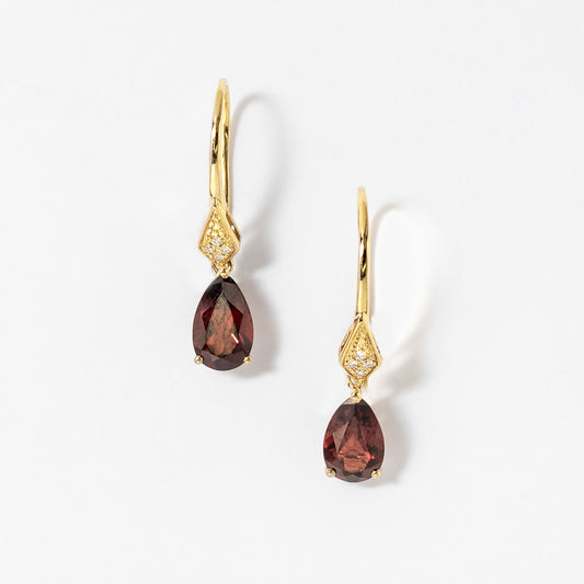 Garnet Hook Earrings with Diamond Accents in 10K Yellow Gold