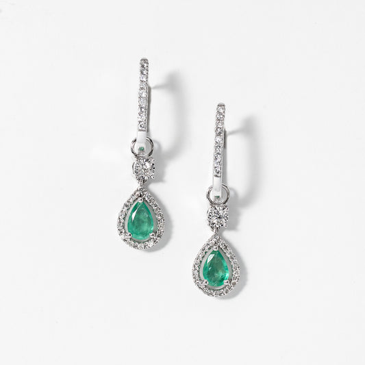 Emerald Earrings With Removable Pear Drop in 10K White Gold