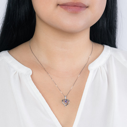 Heart Shaped Amethyst Diamond Necklace in 10K White Gold