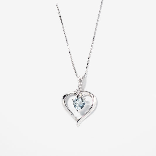 Heart Shaped Aquamarine Diamond Necklace in 10K White Gold