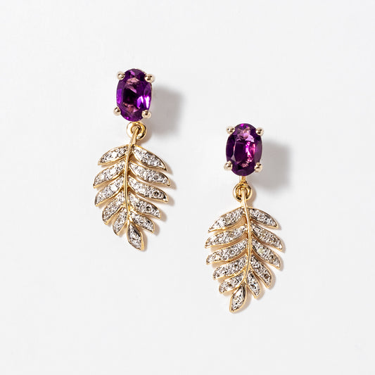 Amethyst Earrings Diamond Leaf in 10K Yellow Gold