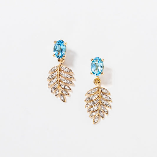 Blue Topaz Earrings with Diamond Leaf in 10K Yellow Gold