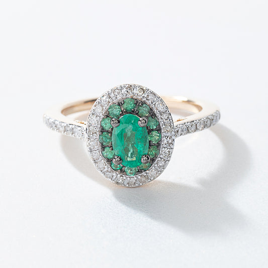 Double Halo Emerald and Diamond Ring in 10K Yellow Gold