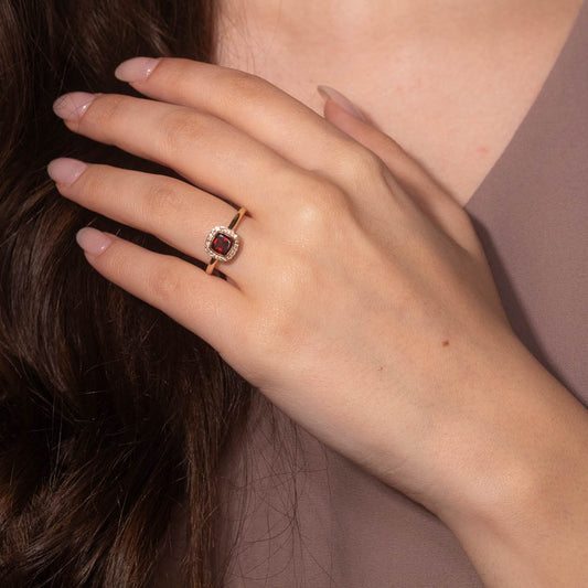 Cushion Cut Garnet Ring with Diamond Accents in 10K Yellow Gold