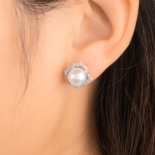 Pearl Earrings with Diamond Accents in 10K Yellow Gold