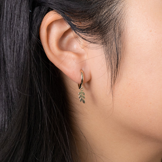 Olive Leaf Drop Hoop Earrings in 10K Yellow Gold