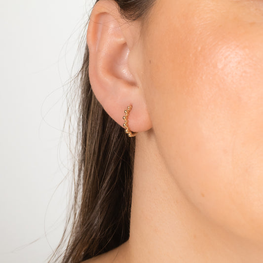 14K Yellow Gold Beaded Huggie Earring