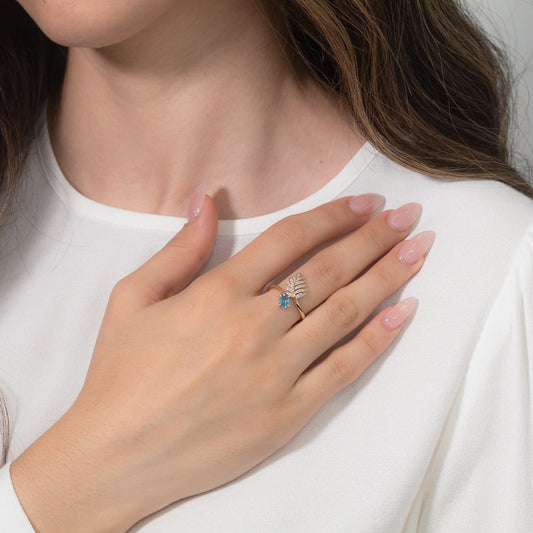 Blue Topaz Ring with Diamond Leaf in 10K Yellow Gold