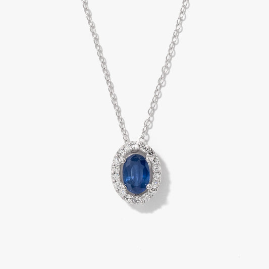 Oval Sapphire and Diamond Halo Necklace in 10K White Gold (0.12ct tw)