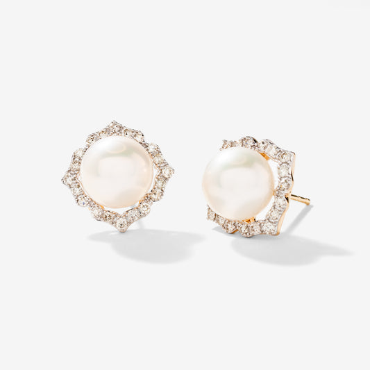 Pearl Earrings with Diamond Accents in 10K Yellow Gold