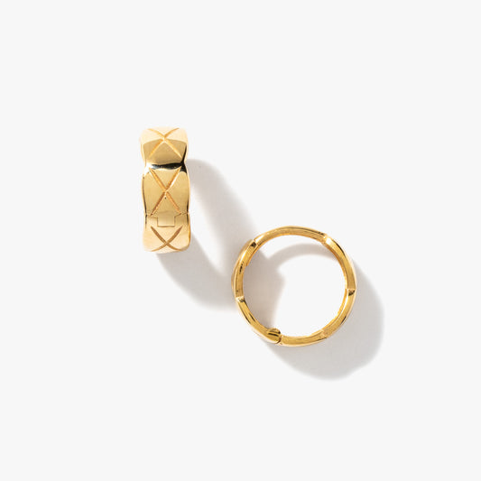 14K Yellow Gold Cross Pattern Huggie Earrings