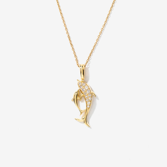 Diamond Dolphin Necklace in 10K Yellow Gold (0.13 ct tw)